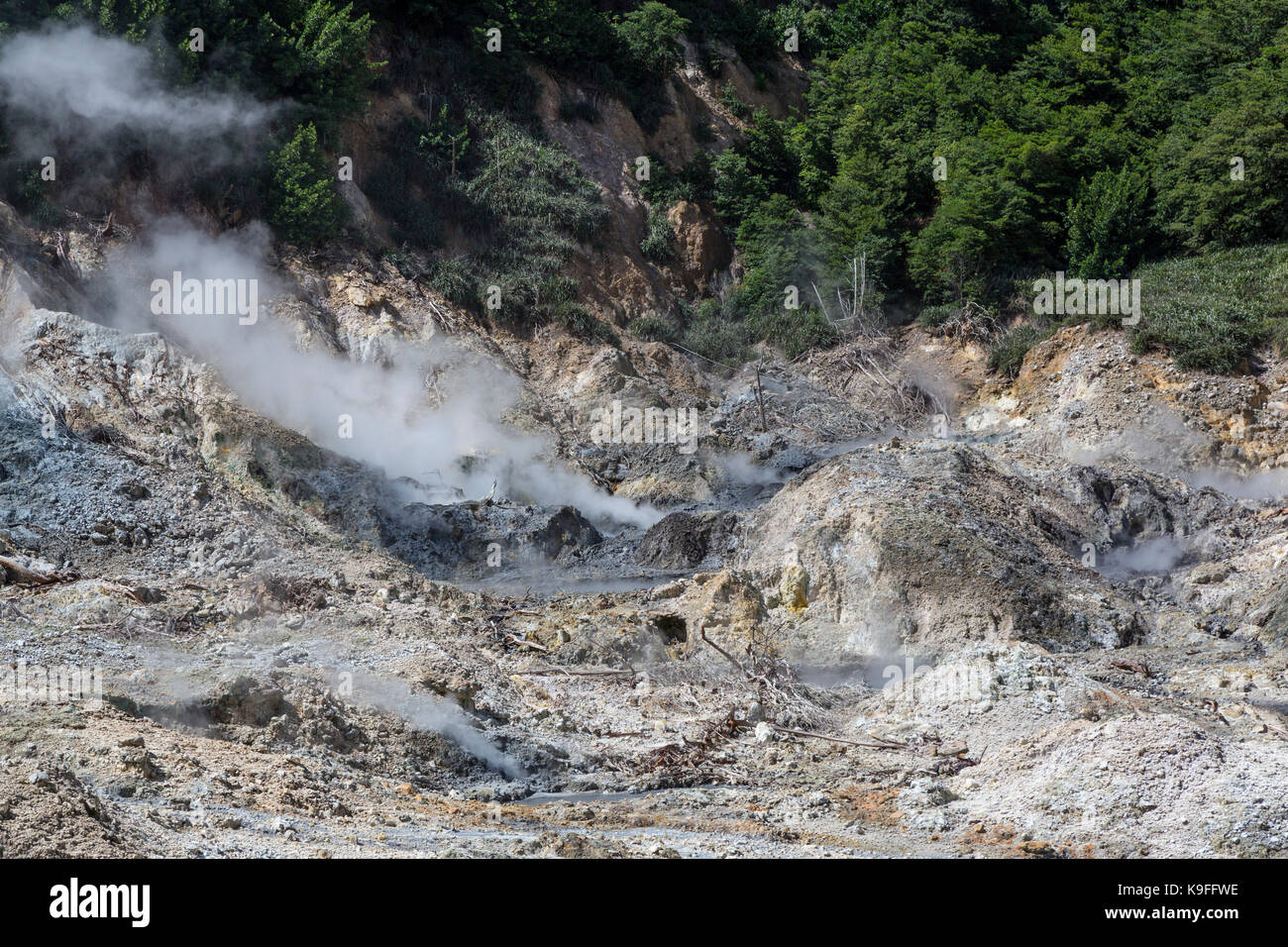 St. Lucia. Dampfschlitze und Kochenden Schlamm in der Soufriere Caldera. Stockfoto