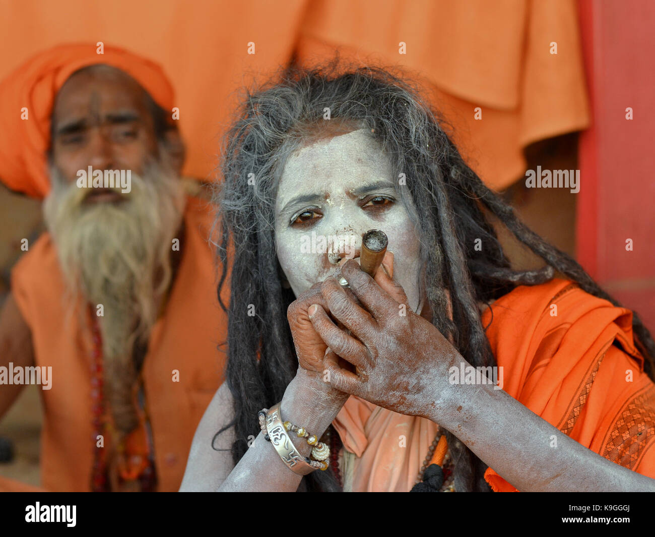 Im mittleren Alter indisch-hinduistischen heiligen Frau (sadhvi, weiblichen Sadhu) mit Dreadlocks und vibhuti (weiß heilige Asche) auf ihrem Gesicht, rauchen Haschisch (Marihuana) Stockfoto