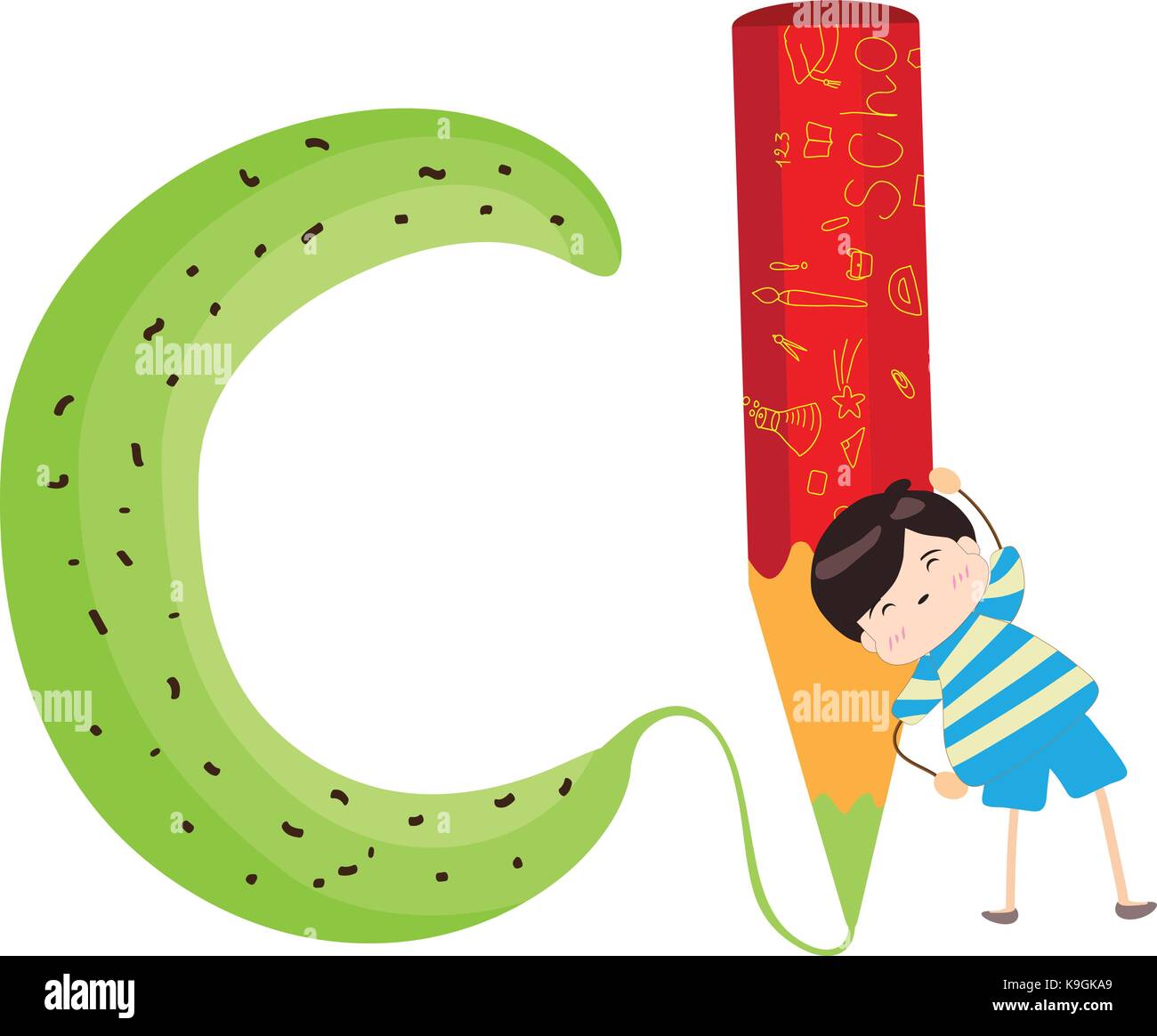 Abbildung: ein Kind lehnte sich auf einen Buchstaben C Stock Vektor