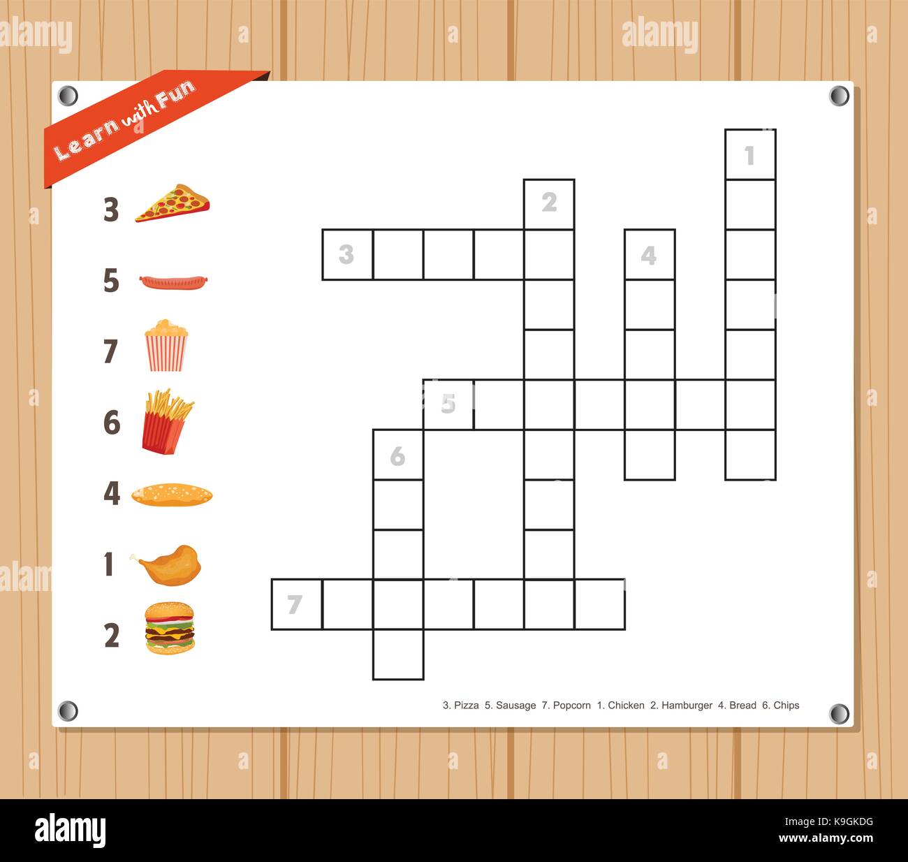Kreuzworträtsel, Bildung Spiel für Kinder über Fast Food Stock Vektor