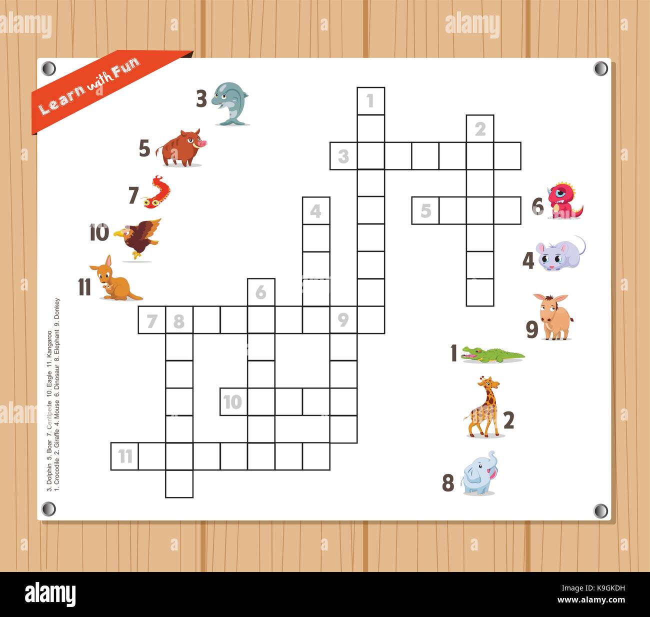 Kreuzworträtsel, Bildung Spiel für Kinder über Tiere Stock Vektor