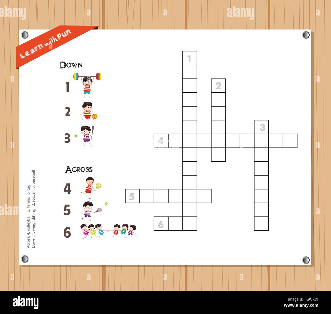 Kreuzworträtsel, Bildung Spiel für Kinder über Sport Stock Vektor
