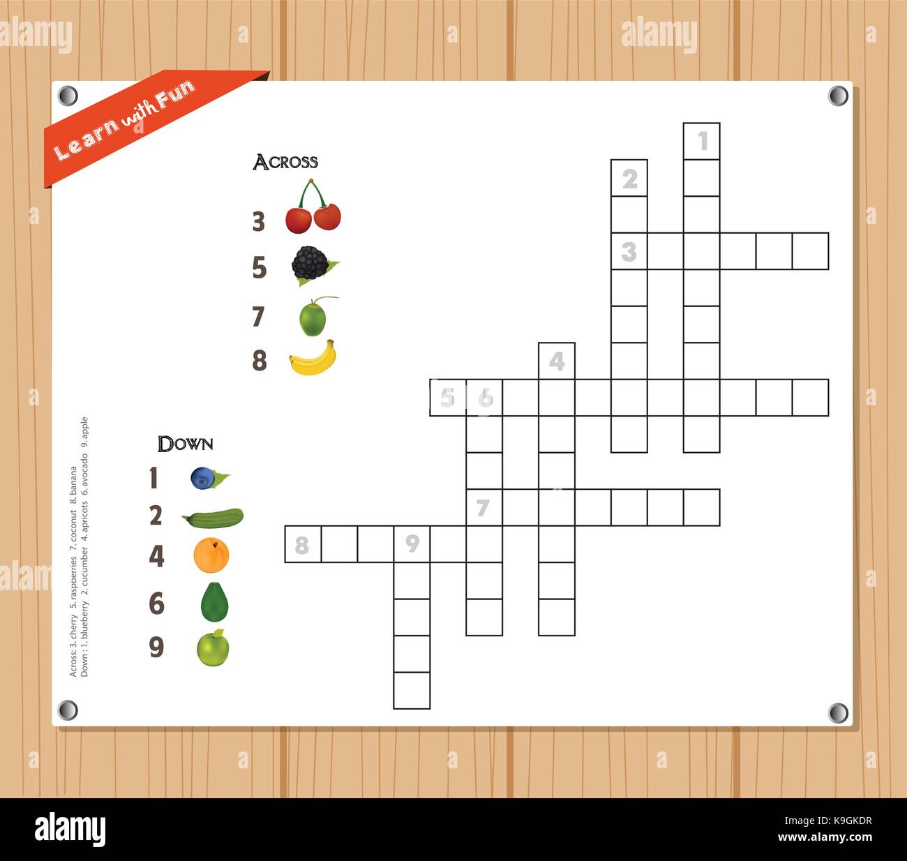 Kreuzworträtsel, Bildung Spiel für Kinder über Früchte Stock Vektor