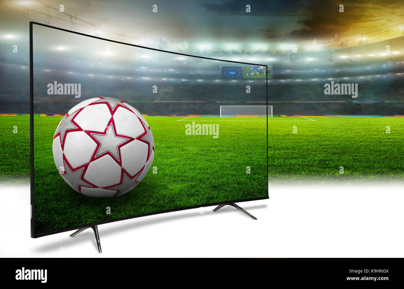 Wm 2018. Fußball-Stadion in den Abend mit einem TV-Bildschirm und Ball mit den Sternen Stockfoto