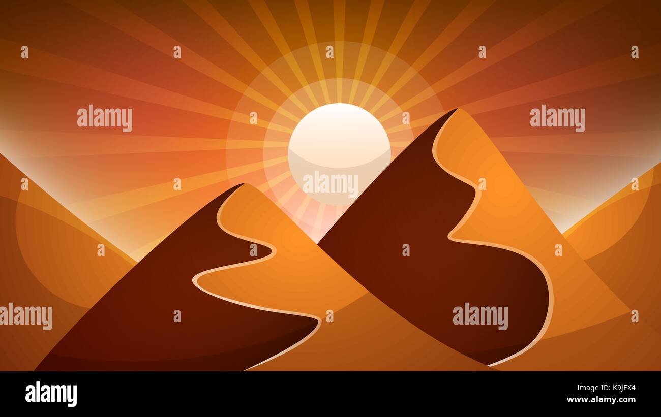 Landschaft der Wüste. Pyramide und Sonne. Stock Vektor