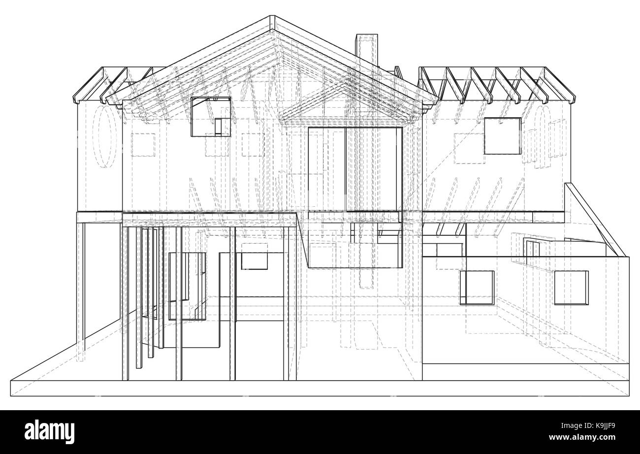 Haus Zeichnung im Vektor. Die Konturen des Hauses. Vektor erstellt von 3d Stock Vektor