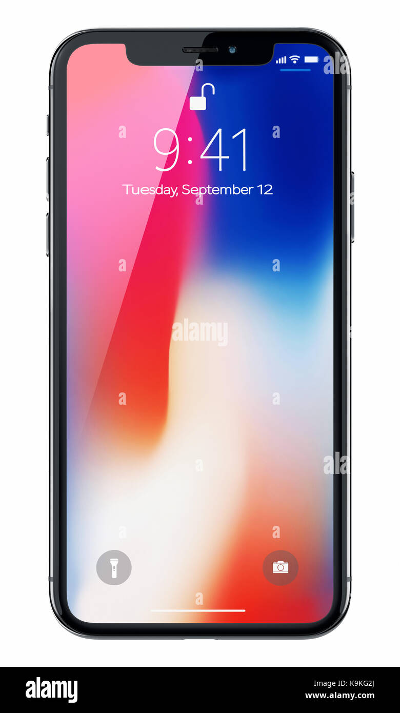 Galati, Rumänien - 20. September 2017: 3D-Render für ein neues iPhone X (10) Hinweisendes Editorial Bild auf weißem Hintergrund. Stockfoto