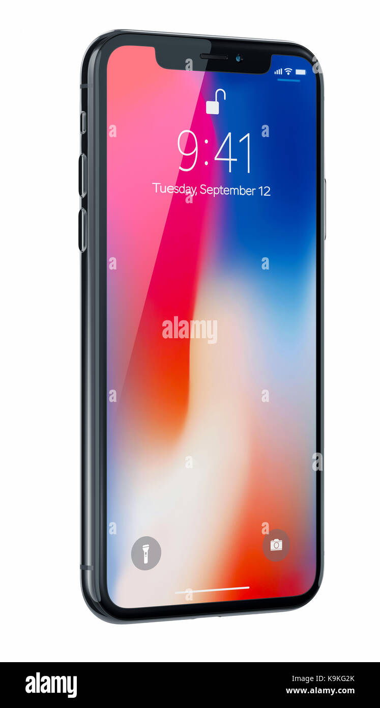 Galati, Rumänien - 20. September 2017: 3D-Render für ein neues iPhone X (10) Hinweisendes Editorial Bild auf weißem Hintergrund. Stockfoto