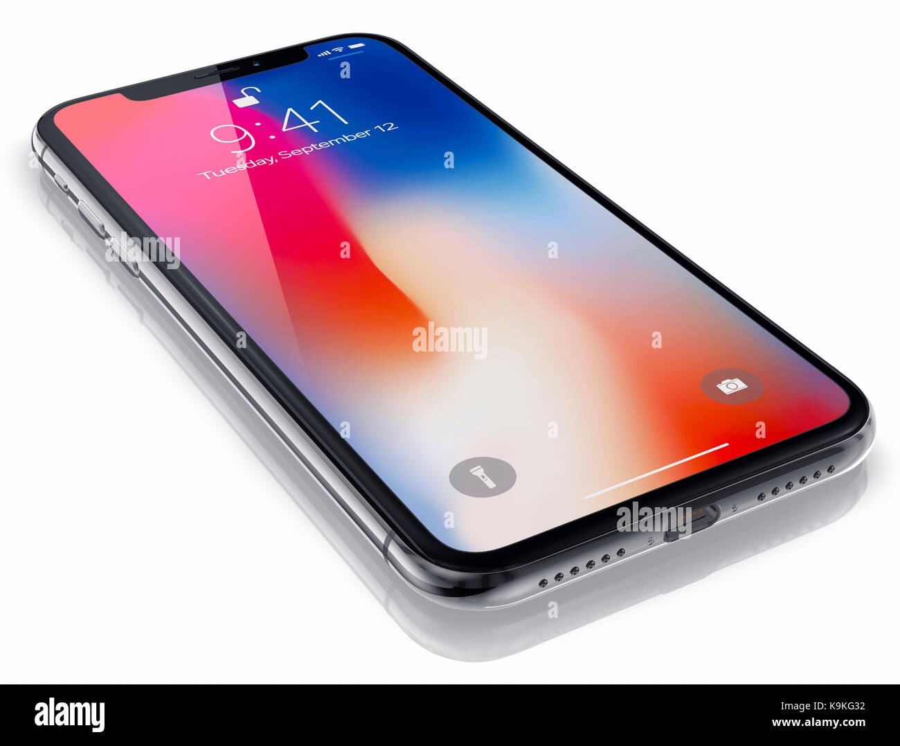 Galati, Rumänien - 20. September 2017: 3D-Render von zwei neuen iPhone X (10) Hinweisendes Editorial Bild auf weißem Hintergrund. Stockfoto