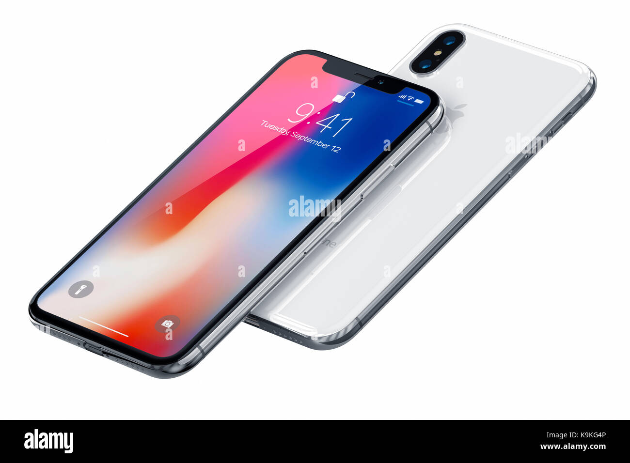 Galati, Rumänien - 20. September 2017: 3D-Render von zwei neuen iPhone X (10) Hinweisendes Editorial Bild auf weißem Hintergrund. Spacegrau ans Silber i Stockfoto