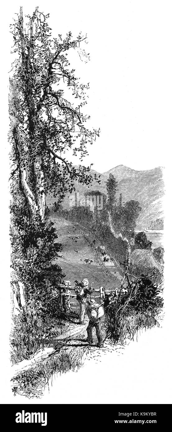 1870: Wanderer wandern durch die Dart River Valley, Devon, England Stockfoto