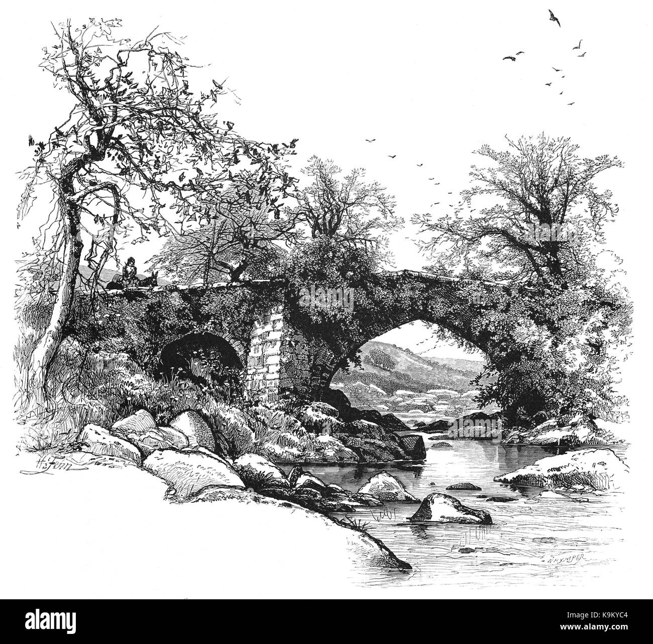 1870: ein horserider Harford Bridge überquert den Fluss Erme, Dartmoor, Devon, England Überfahrt Stockfoto