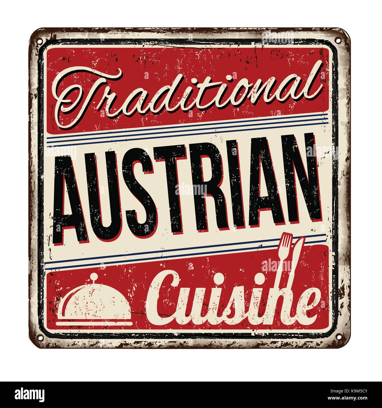 Traditionelle österreichische Küche vintage rostiges Metall Zeichen auf weißem Hintergrund, Vector Illustration Stock Vektor
