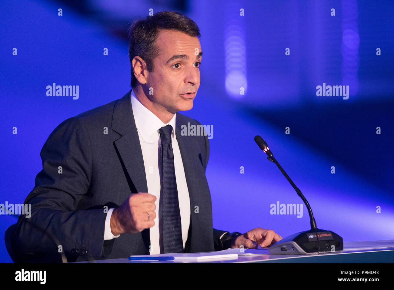 Thessaloniki, Griechenland - 17. September 2017. Kyriakos Mitsotakis Präsident der Partei Neue Demokratie während einer Pressekonferenz in der Griechischen Stadt Thessalo Stockfoto