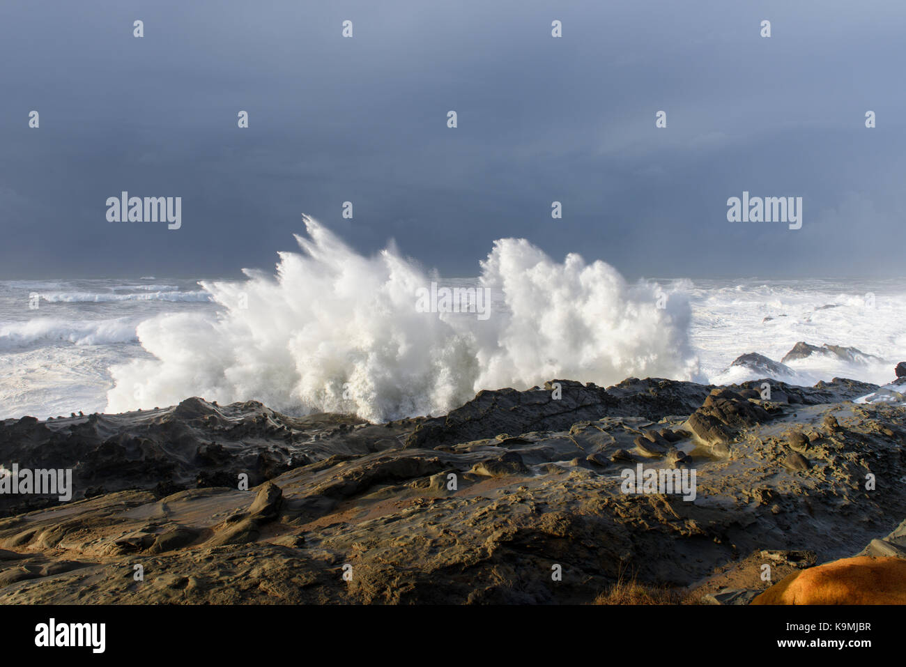 Schwillt ein Jahrzehnt Krachen gegen die Klippen von Shore Acres State Park, Coos Bay Oregon Stockfoto