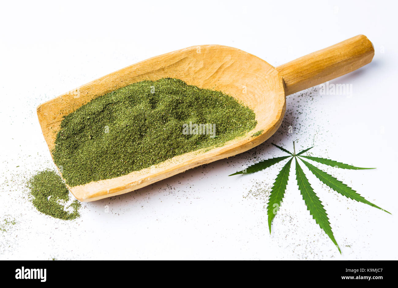 Marihuana Pulver in einen großen hölzernen Löffel Stockfoto
