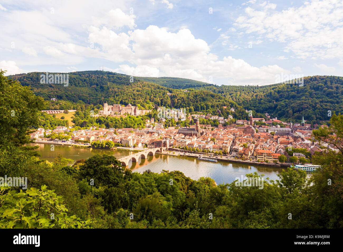 Deutschland, Baden-Württemberg, Heidelberg, Stadtansicht, Blick vom Philosophenweg, das Heidelberger Schloss, Fluss Neckar, Alte Brücke Stockfoto