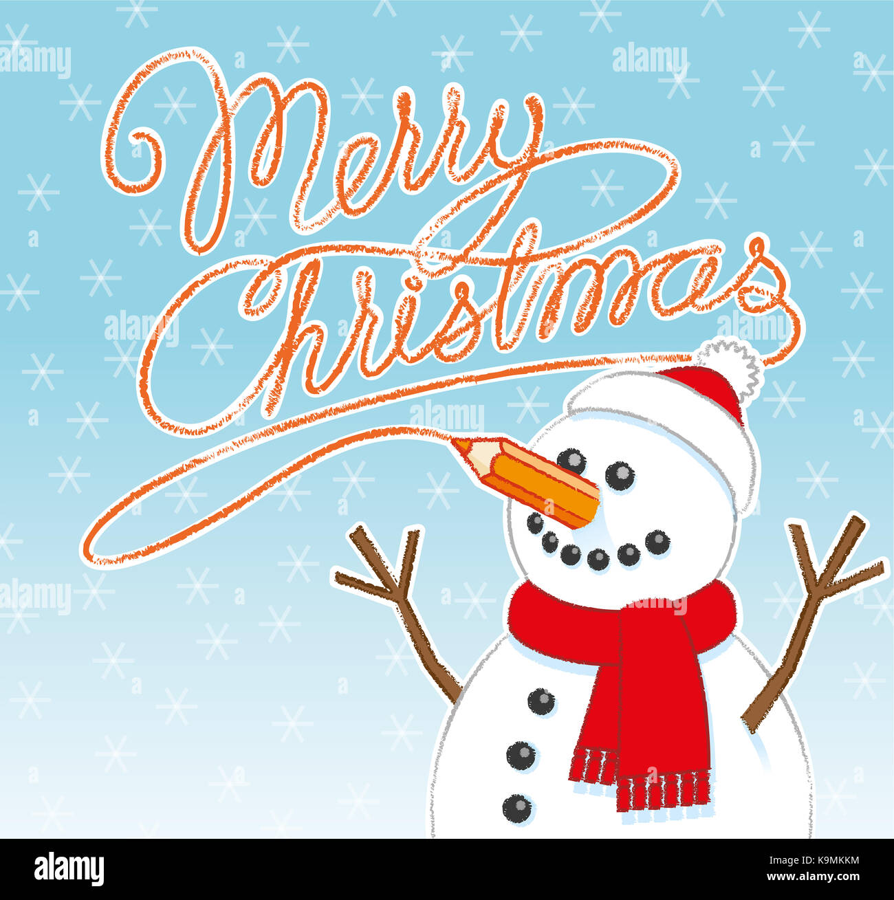 Happy Schneemann mit Karotte orange Bleistift Nase schreiben Frohe  Weihnachten, während das Tragen roter Schal und Santa Hut auf Schnee  Hintergrund Stockfotografie - Alamy