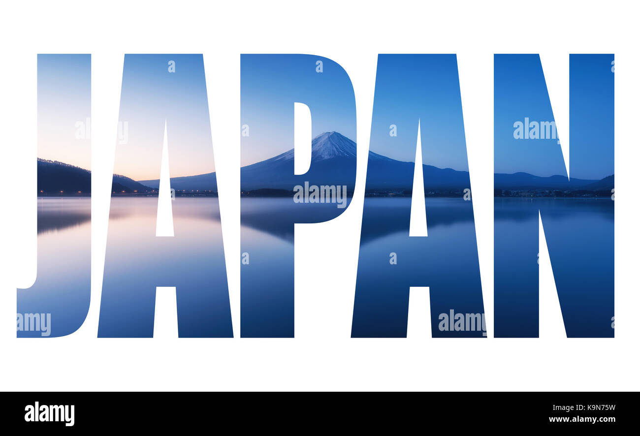 Wort JAPAN über Berg Fuji in der Dämmerung mit ruhigen See Reflexion Stockfoto