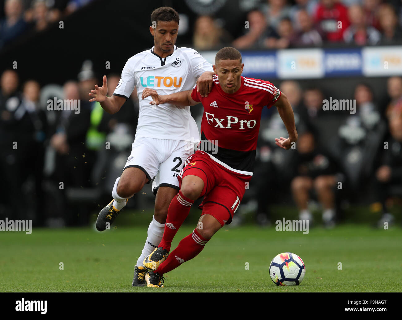 Die Swansea City Kyle Naughton (links) und Watford Richarlison Kampf um den Ball während der Premier League Match in der Liberty Stadium, Swansea. Stockfoto