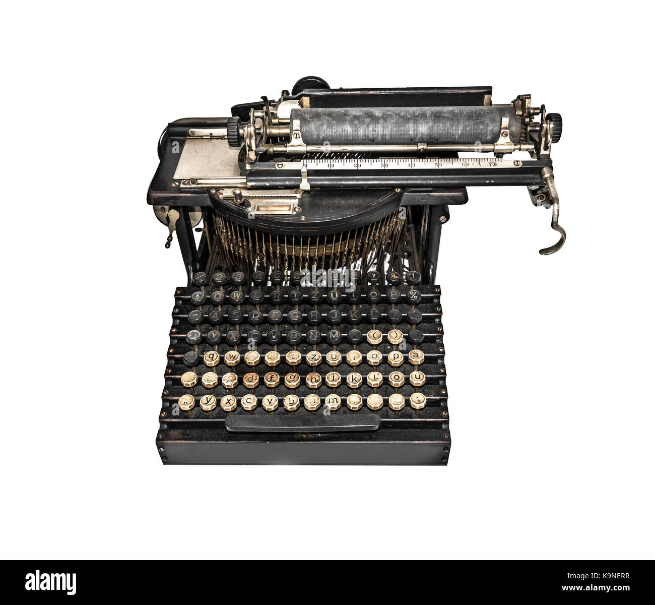 Alte Schreibmaschine auf weißem Hintergrund. Stockfoto