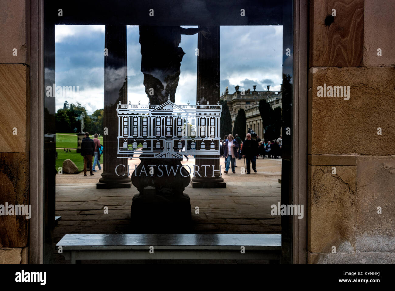 Graviertem Glas Fenster Chatsworth House Derbyshire Stockfoto