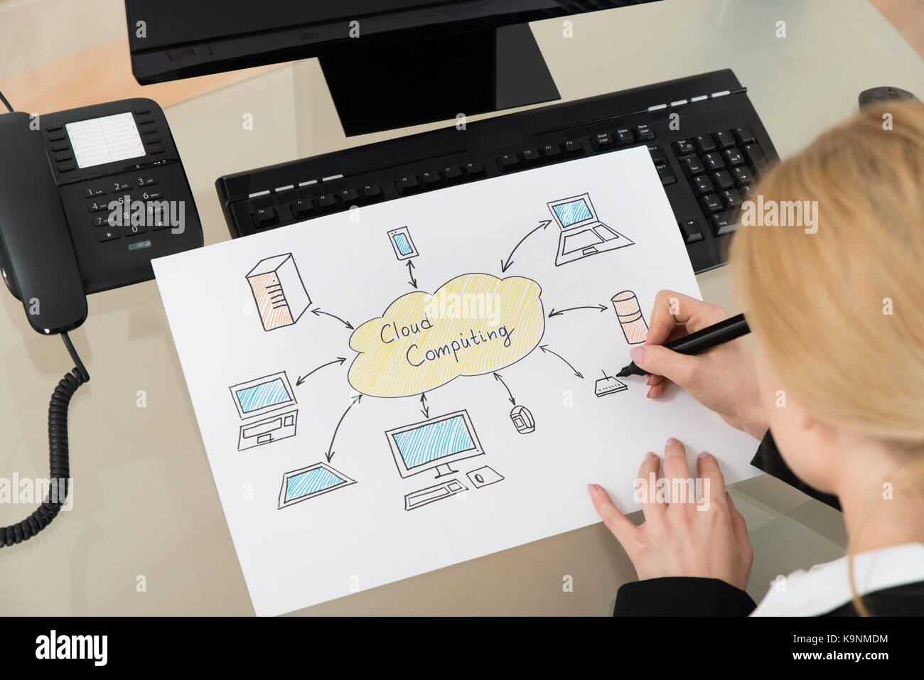 Nahaufnahme der Geschäftsfrau Zeichnung Cloud Computing Diagramm am Schreibtisch Stockfoto