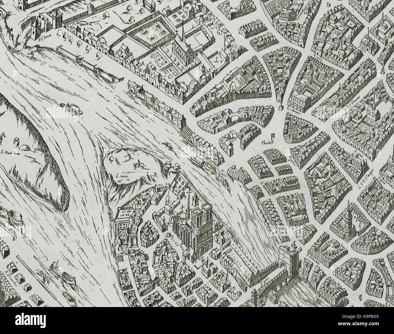 Der Place Maubert in Paris, der in diesem historischen Bild aus dem Jahr 1609 aufgenommen wurde, ist ein bemerkenswerter Platz im Quartier Latin. Bekannt für seine lebhafte Atmosphäre, spielte es eine wichtige Rolle im sozialen und kulturellen Leben der Stadt während des frühen 17. Jahrhunderts. Stockfoto
