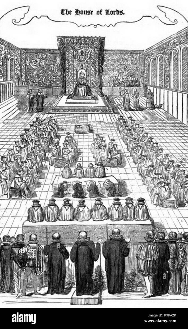 Eine historische Darstellung der Königin Elisabeth I. und ihres Parlaments, die die politische und königliche Dynamik des Englands des 16. Jahrhunderts widerspiegelt. Stockfoto