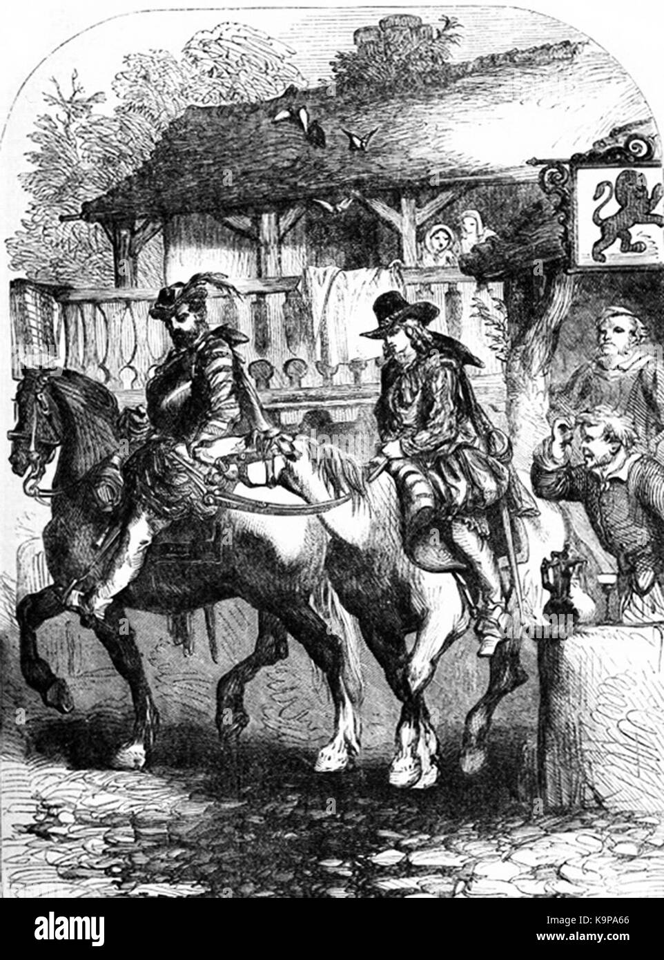 Dieses historische Bild zeigt den Moment von Arabella Stuarts Flucht, dargestellt in männlicher Kleidung, ein Schlüsselereignis in ihrem Leben, das mit ihrem Fluchtversuch verbunden ist. Stockfoto