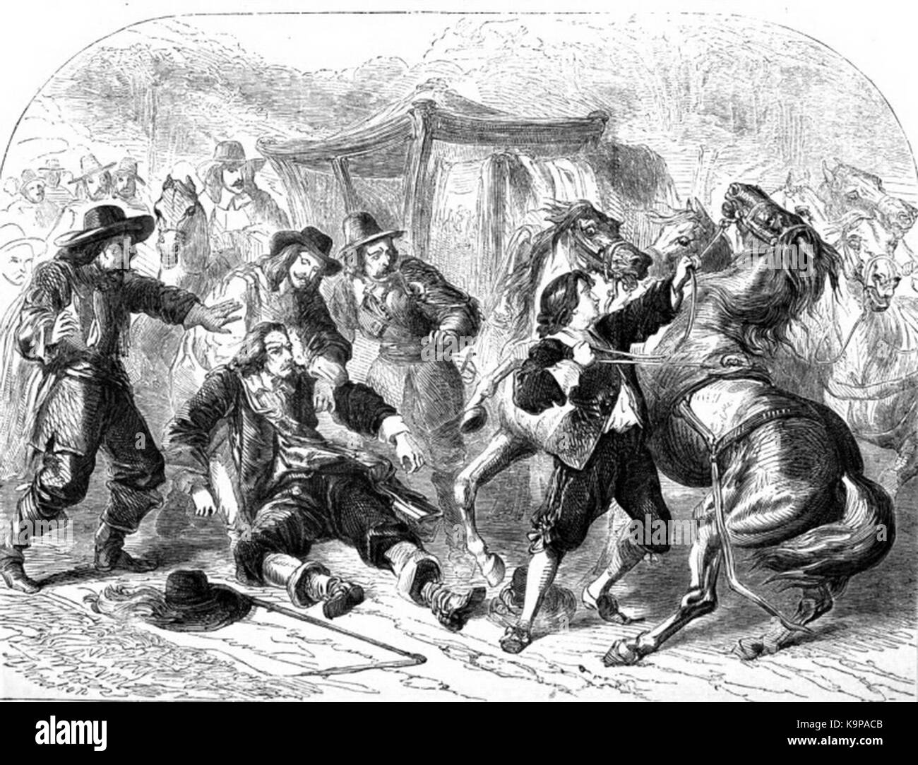 Ein historischer Hinweis auf einen Unfall mit Cromwell im Hyde Park, wahrscheinlich ein dokumentiertes Ereignis im London des 19. Jahrhunderts, das Licht auf die städtischen Unfälle während dieser Zeit wirft. Stockfoto