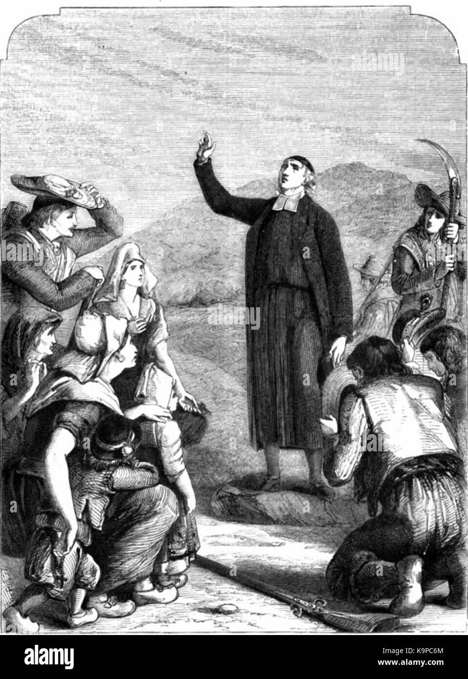Das Bild zeigt einen aus der Gironde ausgewiesenen Priester, der auf offenem Feld predigt, wahrscheinlich während der Französischen Revolution, wobei religiöse Dissens und ländliche Predigten außerhalb der formalen kirchlichen Umgebung hervorgehoben werden. Stockfoto