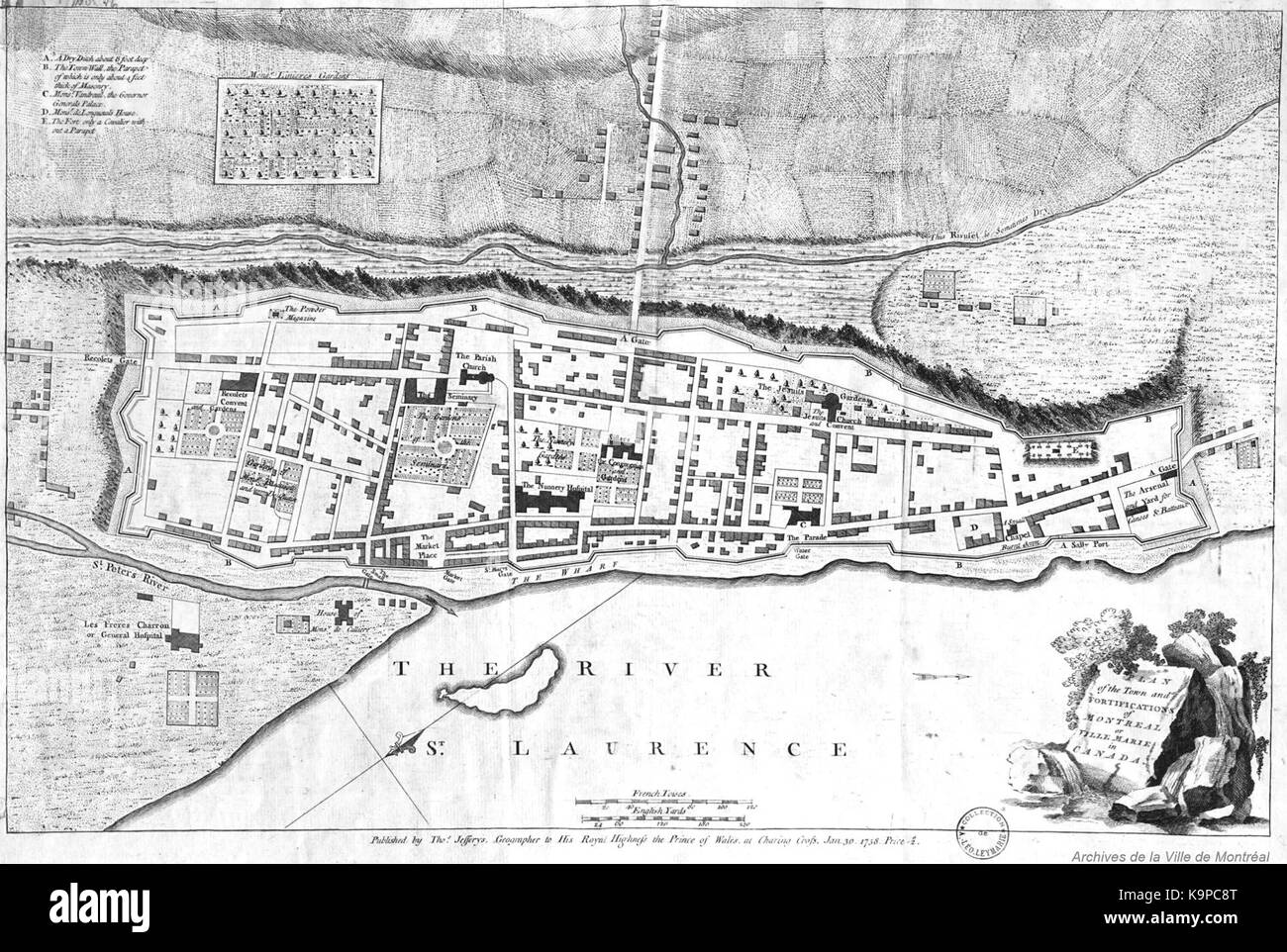 Plan der Stadt und Befestigungsanlagen von Montreal oder Ville Marie in Kanada 1758 Stockfoto