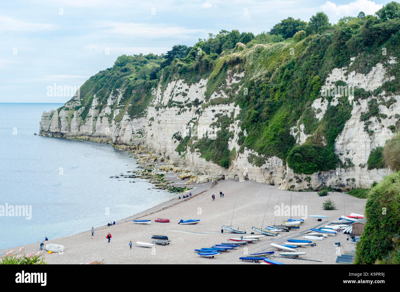 Jurassic Coast Kreidefelsen und Strand, Bier, Englisch am Meer Küstenstadt, East Devon Coast, England, Großbritannien Stockfoto