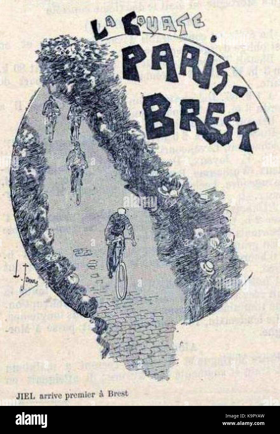 Paris–Brest–Paris ist ein historisches Radrennen, das 1891 erstmals ausgetragen wurde. Seitdem ist es zu einem der prestigeträchtigsten Veranstaltungen in der Fahrradwelt geworden und fordert die Fahrer mit seiner anspruchsvollen Route von Paris nach Brest und zurück heraus. Dieses Foto zeigt einen historischen Moment beim Radfahren. Stockfoto