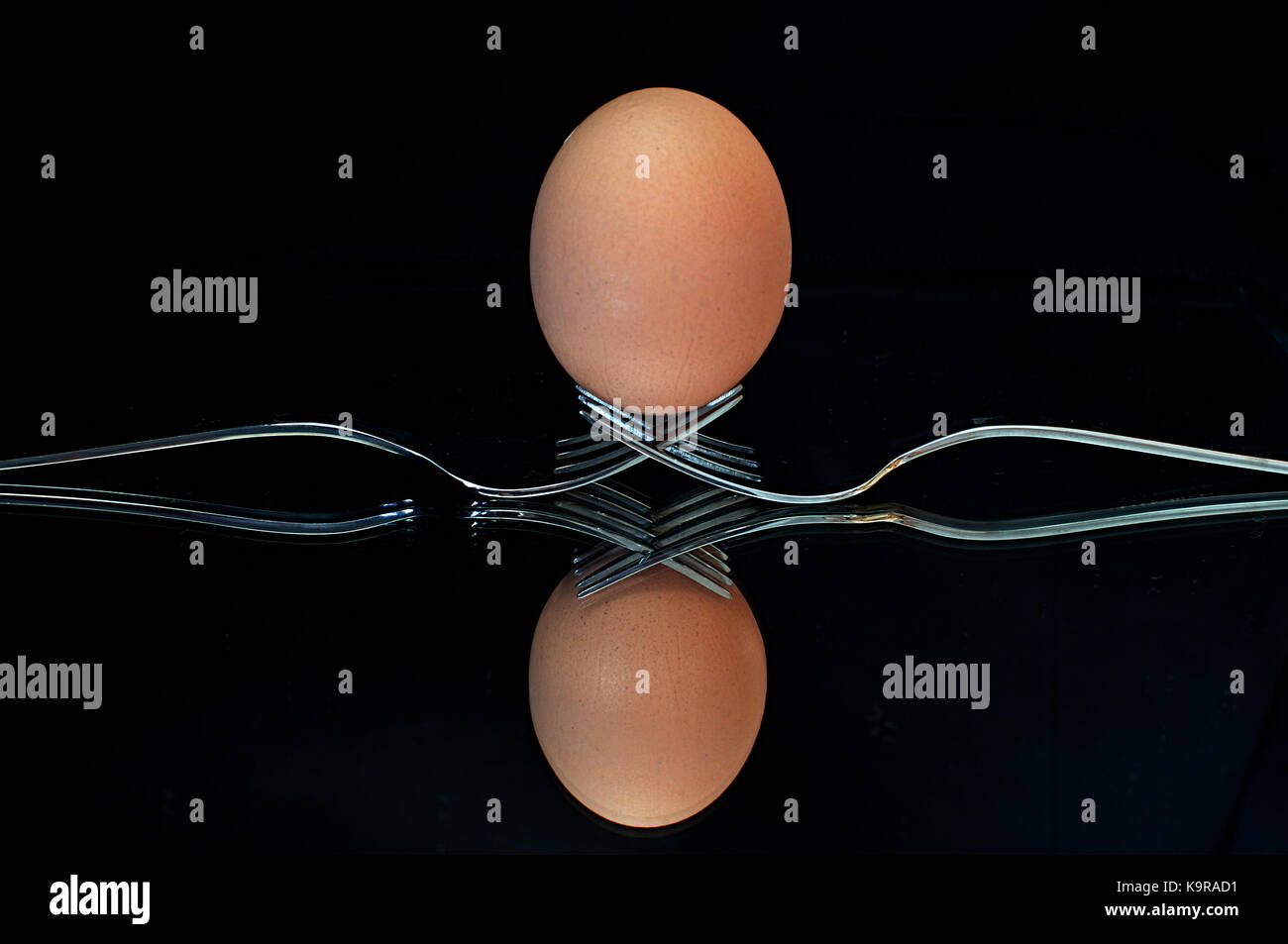 Ei auf zwei Gabeln vor einem schwarzen Hintergrund ausgeglichen Stockfoto