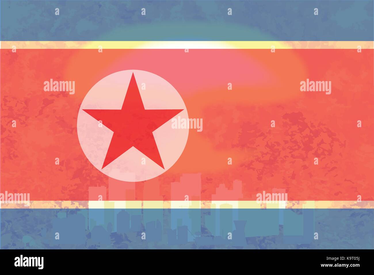Eine Wasserstoffbombe blast in einer Stadt mit Flammen Hintergrund über eine Nordkoreanische Flagge Stock Vektor