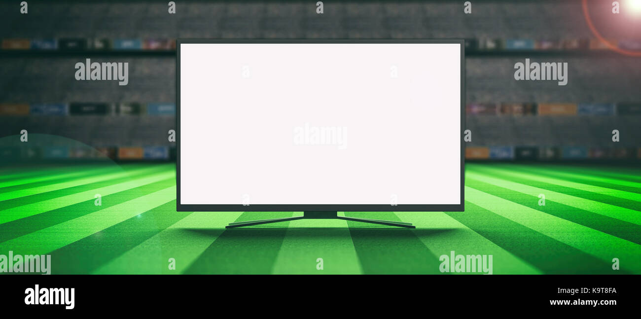 Blank-TV auf einem Fußballfeld Hintergrund. 3D-Darstellung Stockfoto