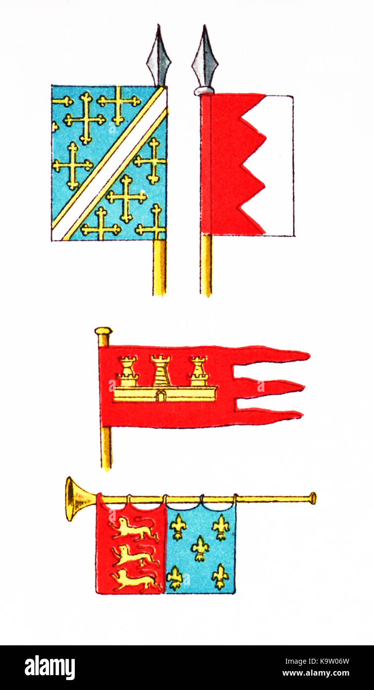 Oben sind zwei Normen dargestellt. In der Mitte ist eine Kastilische Fähnrich. An der Unterseite ist eine Trompete mit einem Banner zeigen Lions zügellos und Fleur-de-Lis. Alle europäischen sind Datum und Uhrzeit des 13. Jahrhunderts, 1200-1300. Die Abbildung stammt aus dem Jahre 1882. Stockfoto