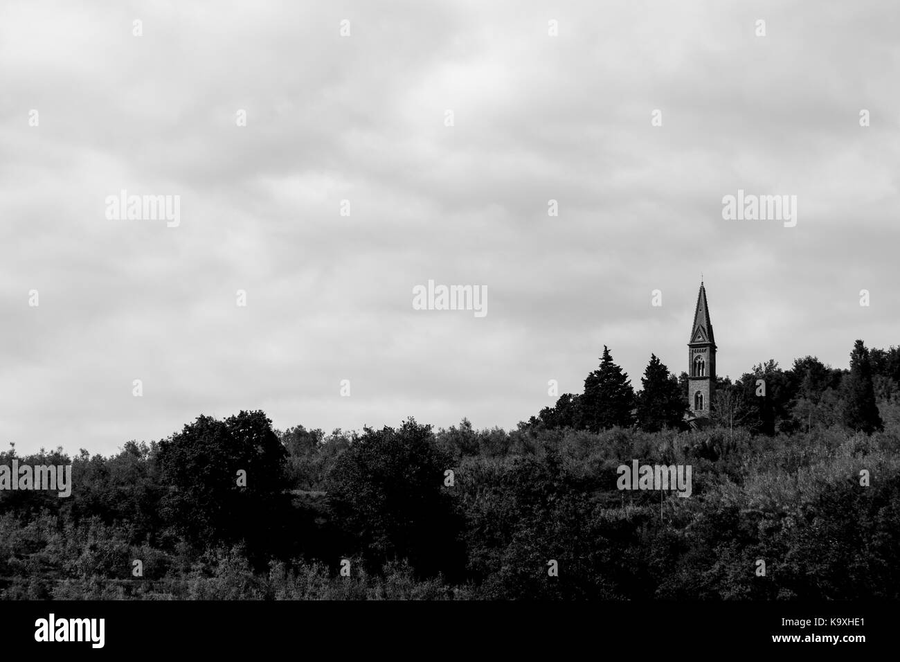 Ein kleiner Glockenturm der Kirche aufstrebenden über einem Wald, unter einem bewölkten Himmel Stockfoto