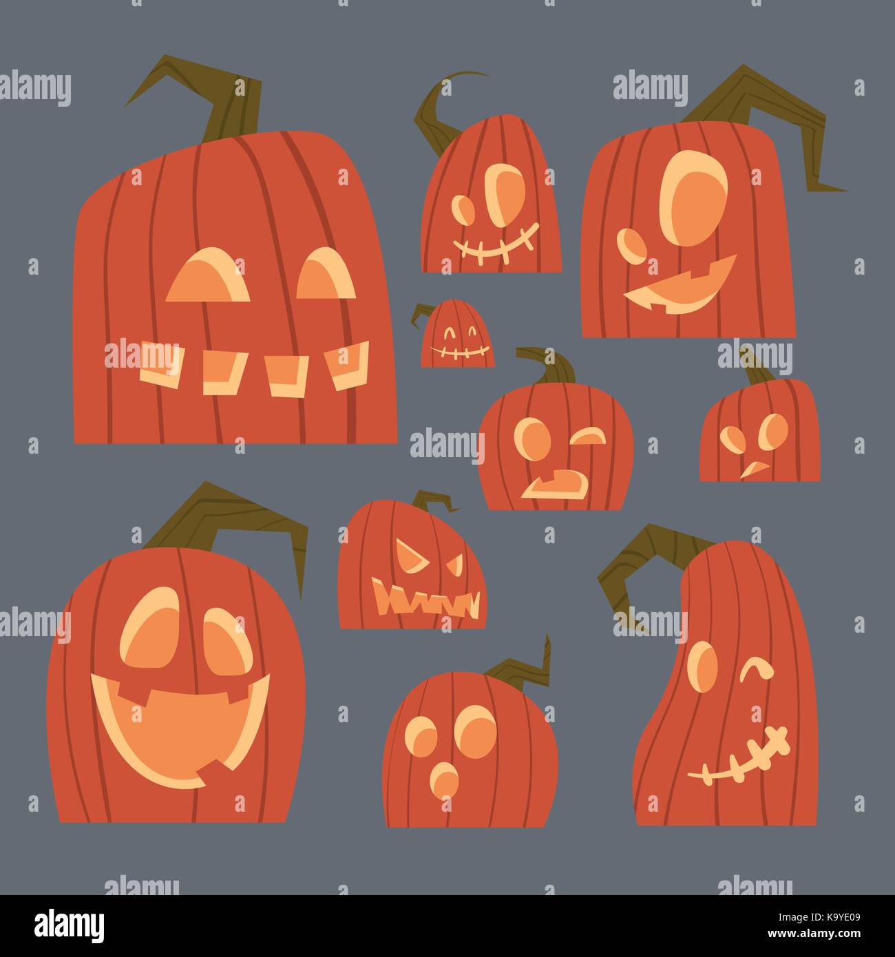 Verschiedene Kürbisse Gesichter Icons Set Happy Halloween traditionelle Symbol Jack Laternen Sammlung Stock Vektor