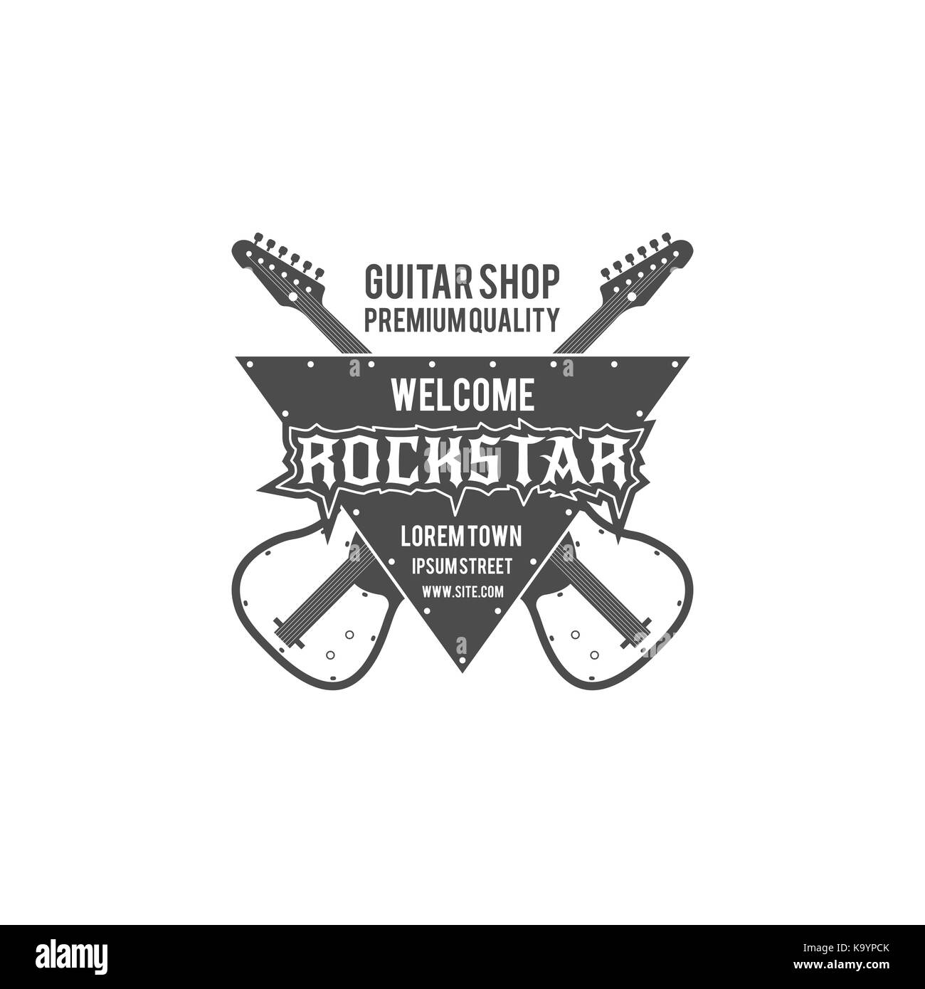 Rock Star Guitar Shop vector Label, Abzeichen, Emblem logo mit Musikinstrument. Vektor Illustration auf weißem Hintergrund Stock Vektor