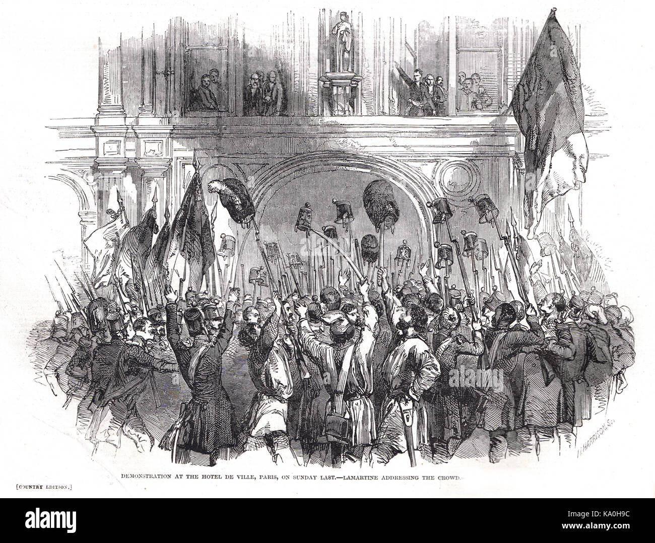 Lamartine Adressierung der Masse, Demonstration im Hôtel de Ville, Paris, Frankreich, die französische Revolution von 1848 Stockfoto