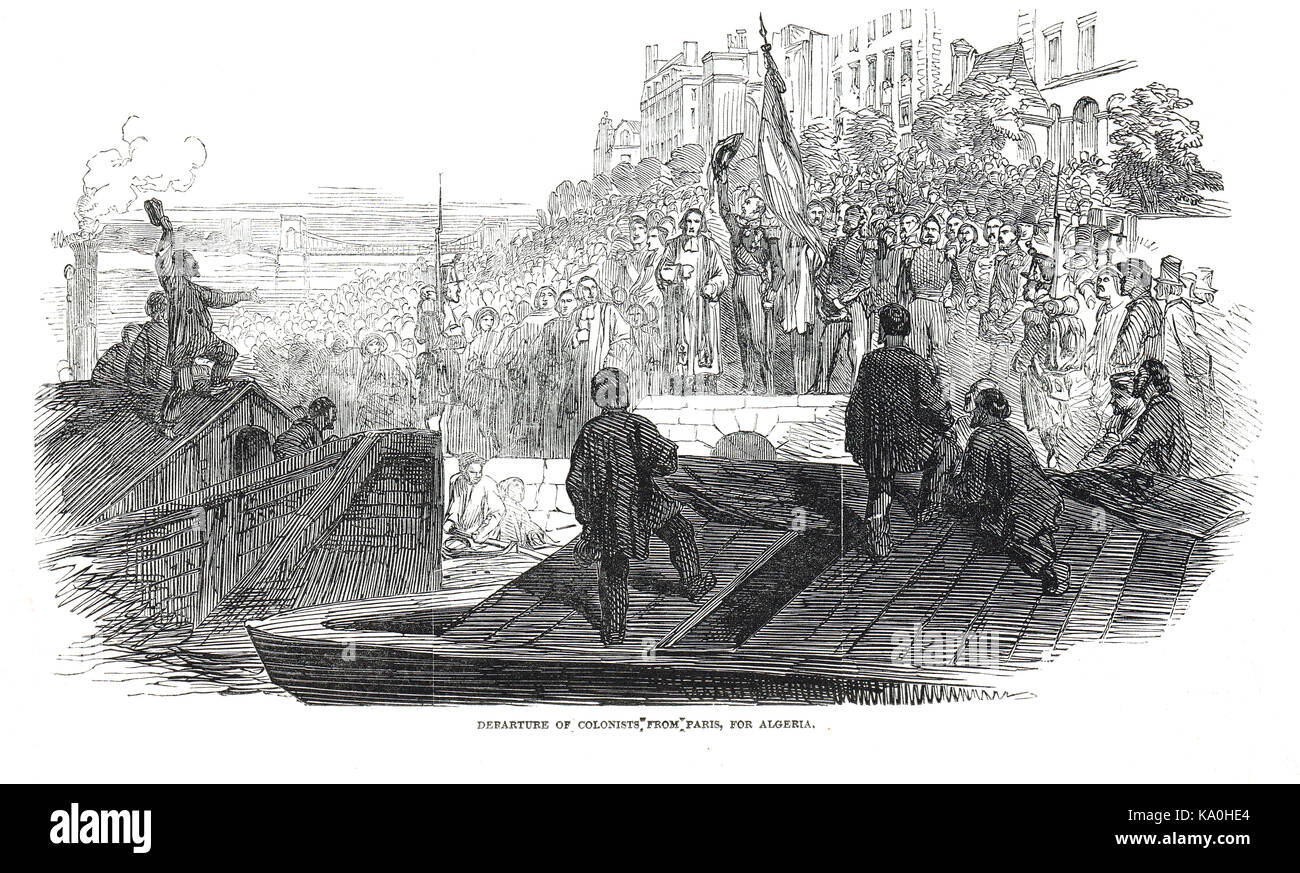 Abfahrt der französischen Kolonisten aus Paris für Algerien im Jahr 1848 Stockfoto