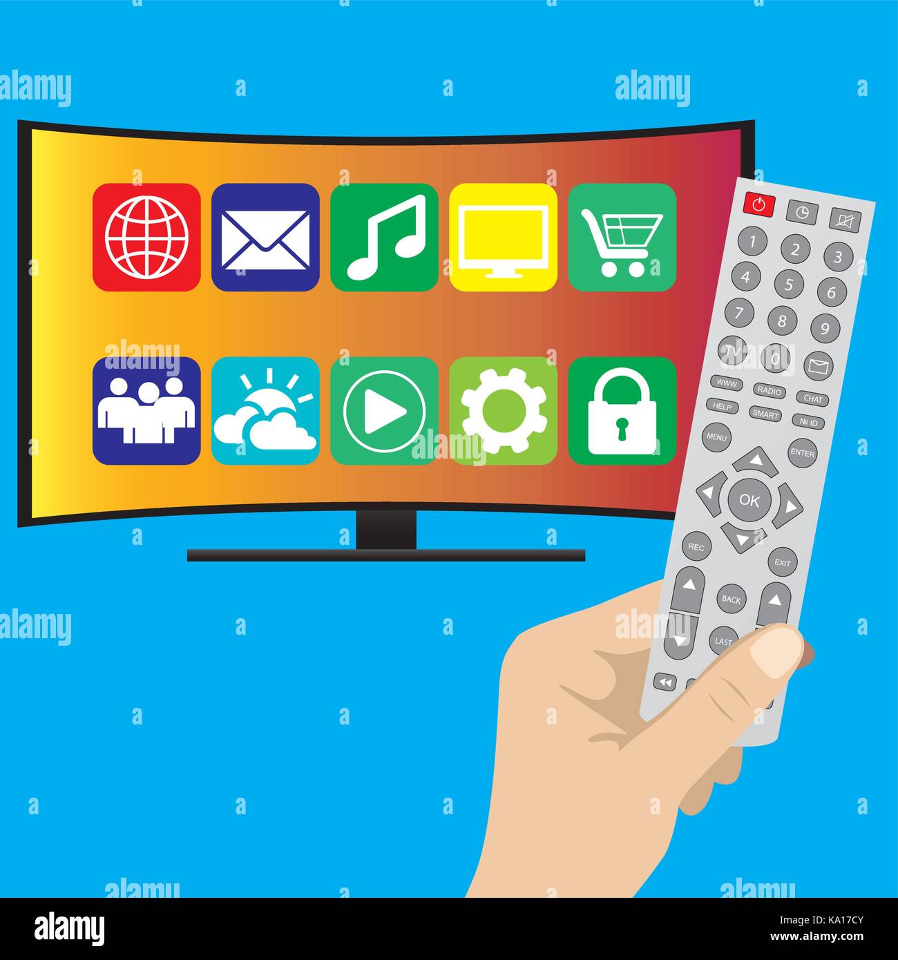Hand mit Fernbedienung und gebogenen Ultra-HD-TV, Flachbild Vector Illustration auf blauem Hintergrund Stock Vektor