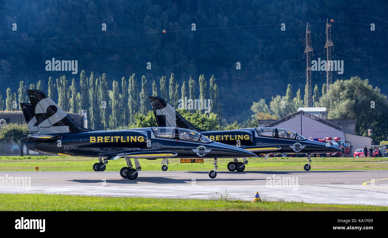 Breitling Jet Team, L 39 Albatros bei Start, Sion Airshow, Sion, Wallis, Schweiz Stockfoto