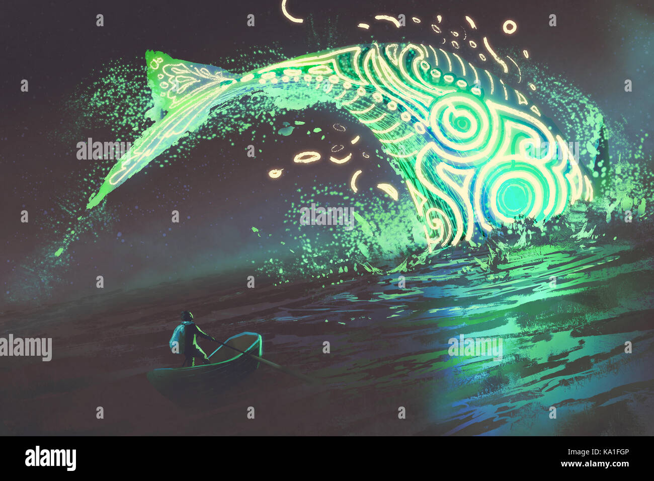 Fantasy Landschaft des Menschen auf der Boot am springenden leuchtenden grünen Wale im Meer suchen, digital art Stil, Illustration Malerei Stockfoto