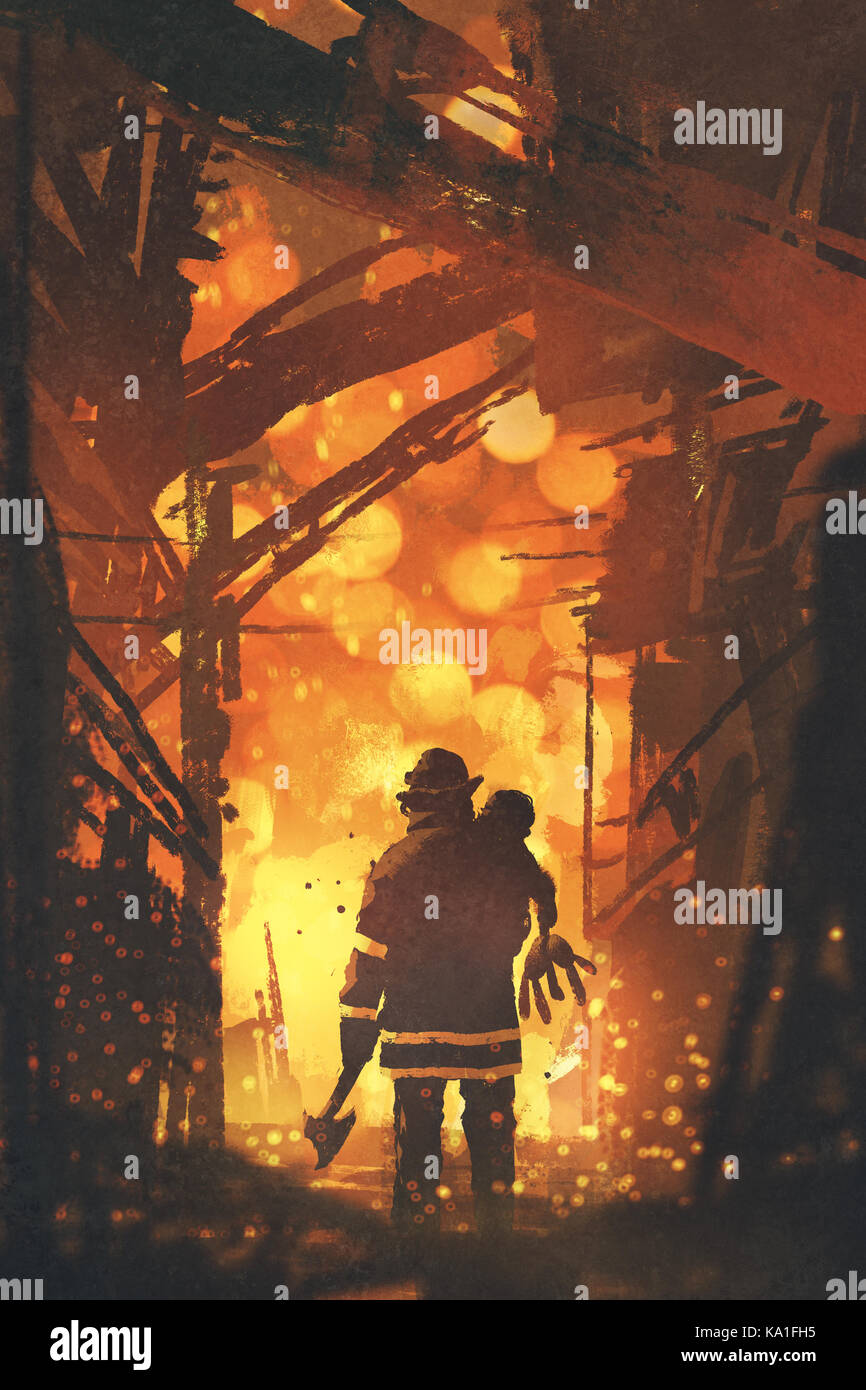 Rückansicht der Feuerwehrmann holding Kind stehen im Haus auf Feuer, digital art Stil, Illustration Malerei Stockfoto