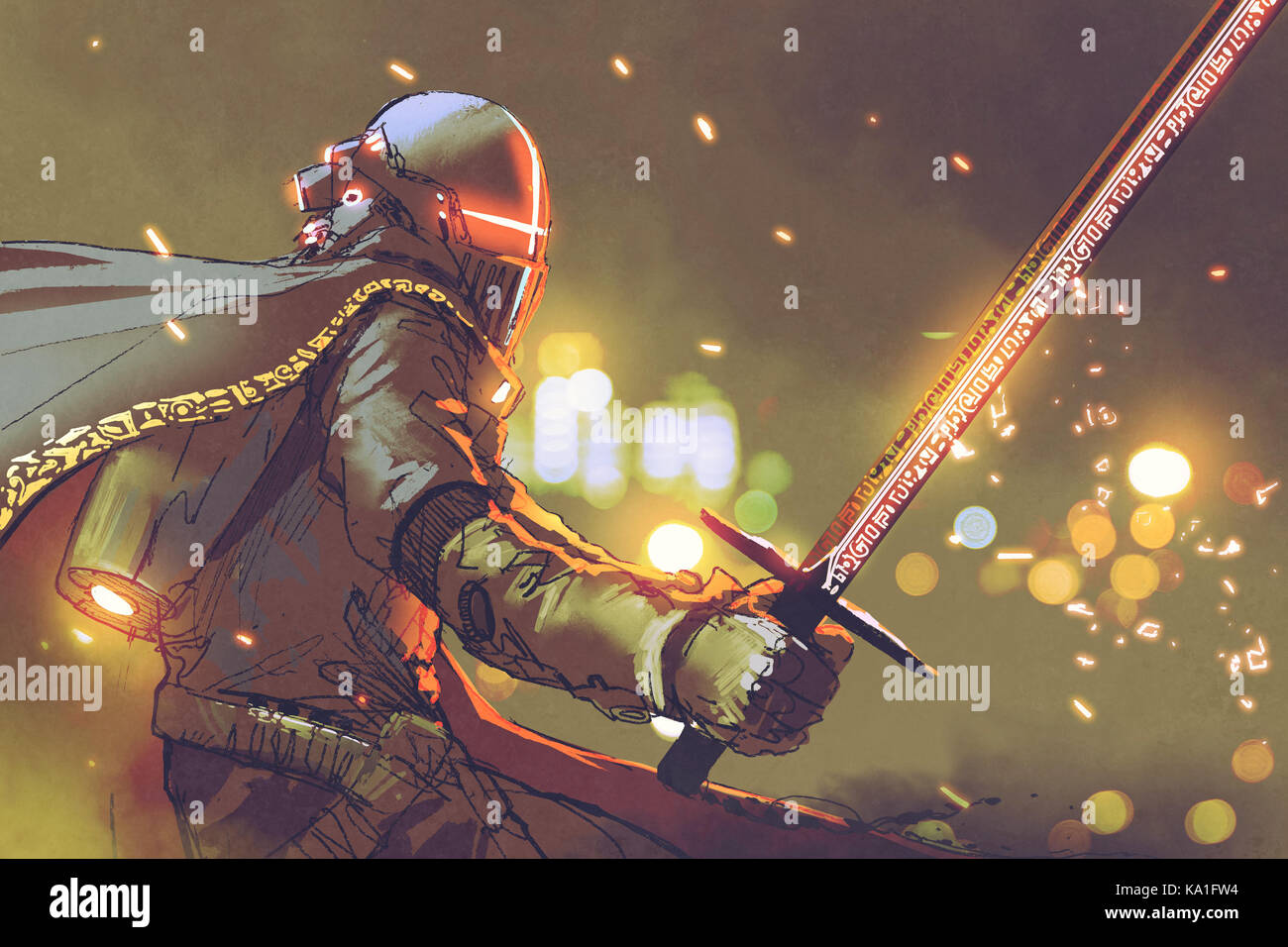 Sci-fi Charakter der Astro-Ritter in futuristischen Armor Holding magische Schwert, digital art Stil, Illustration Malerei Stockfoto