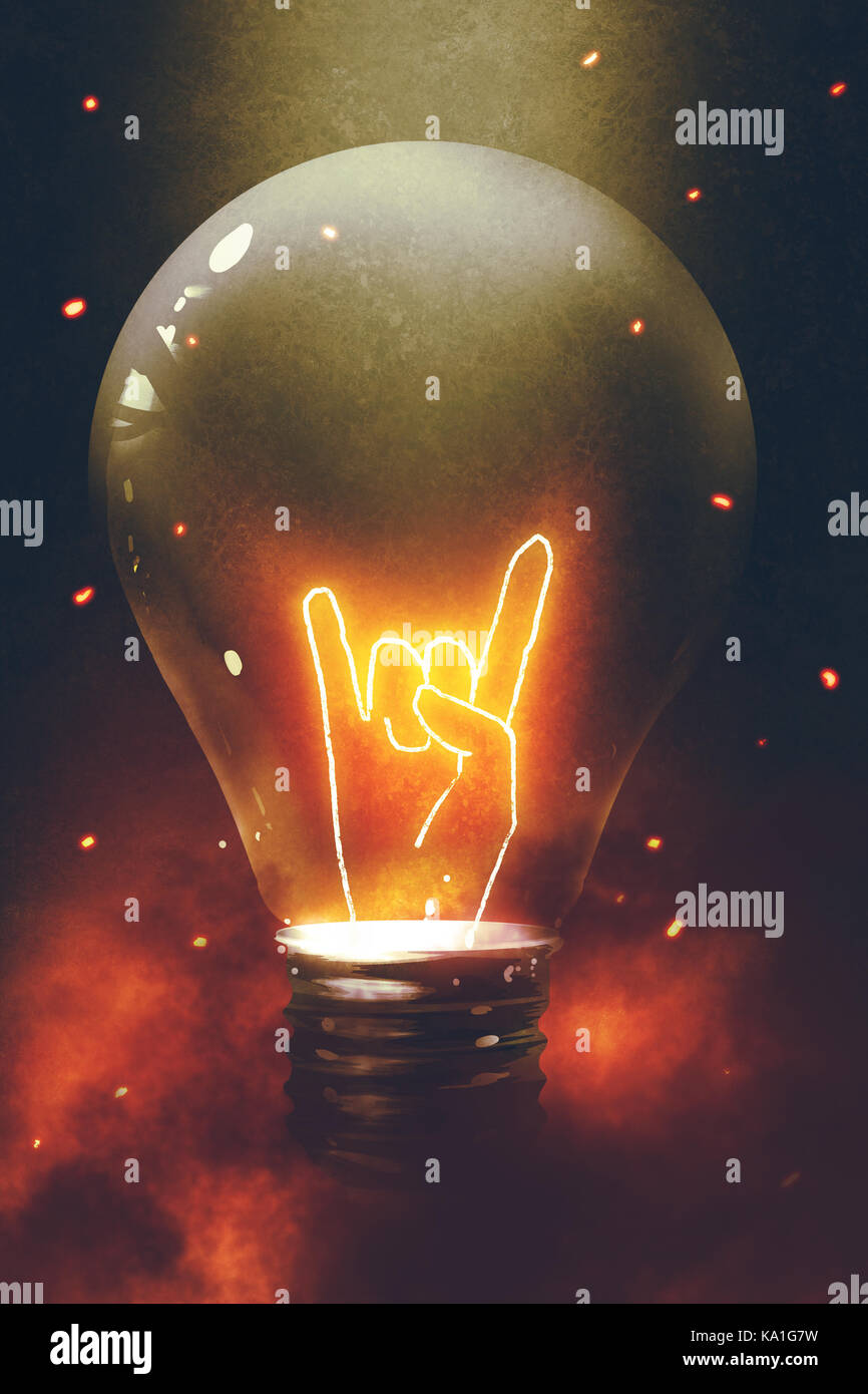 Die Glühlampe mit glühenden Teufel Hörner zeichen Geste Hand in dunklen Hintergrund, digital art Stil, Illustration Malerei Stockfoto